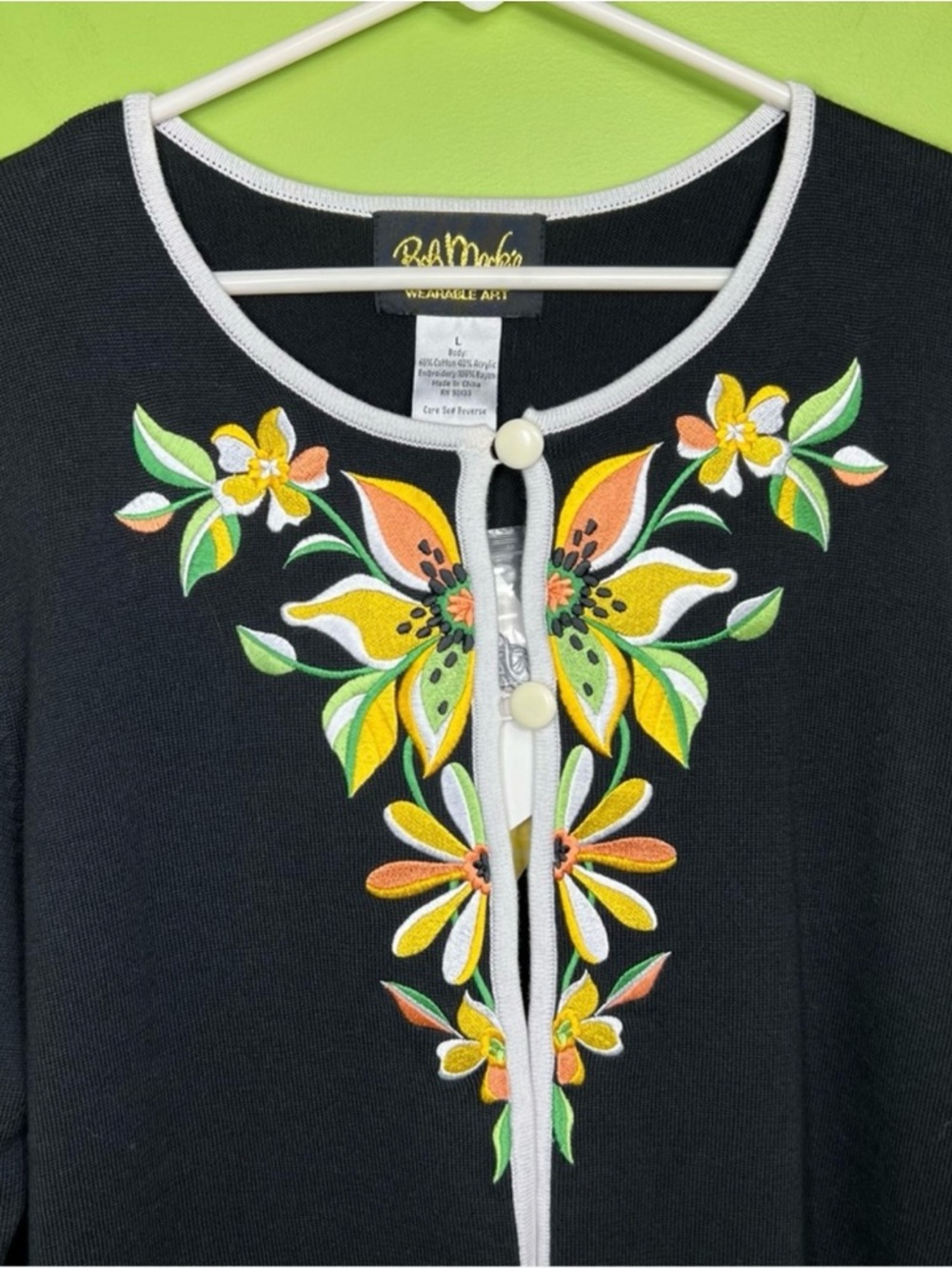 Bob Mackie Wearable Art Sweater Black Embroidered Floral Cardigan size L NWT - Picture 2 of 5
